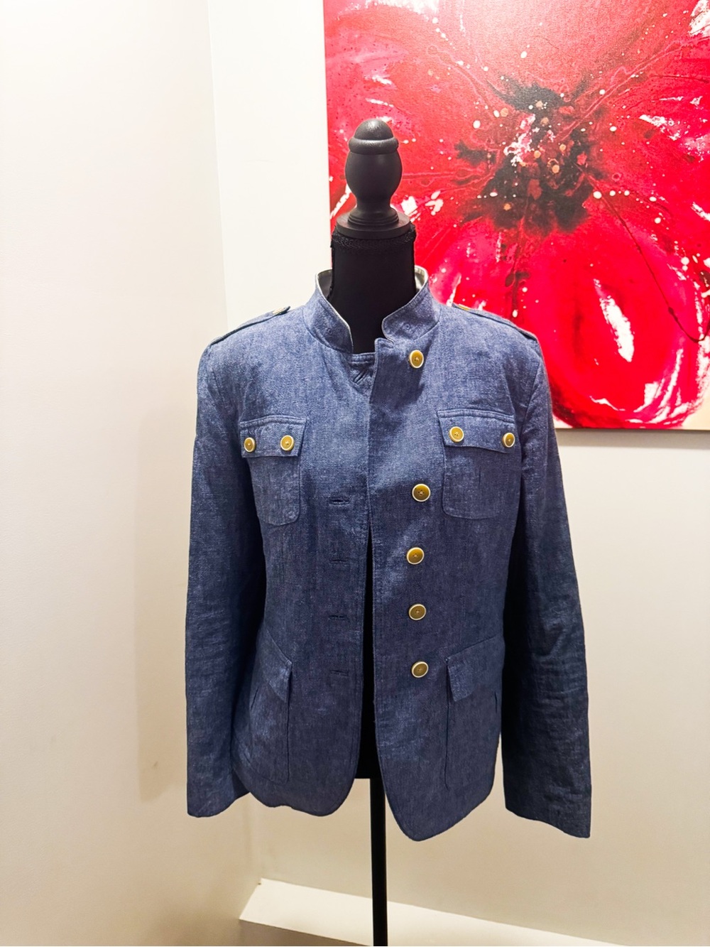 Banana Republic Blue Linen Military Utility Blazer Jacket with Floral Lining